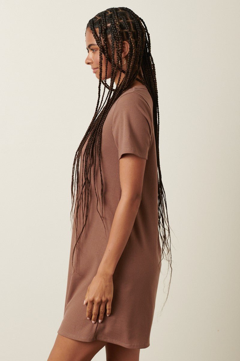 PinkBlush Brown Ribbed Knit Basic Short Sleeve T-Shirt DressEveretts Place
