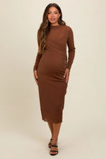 PinkBlush Brown Shimmer Mesh Long Sleeve Ruched Maternity Midi Dress - 