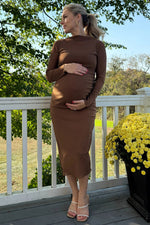 PinkBlush Brown Shimmer Mesh Long Sleeve Ruched Maternity Midi Dress - 