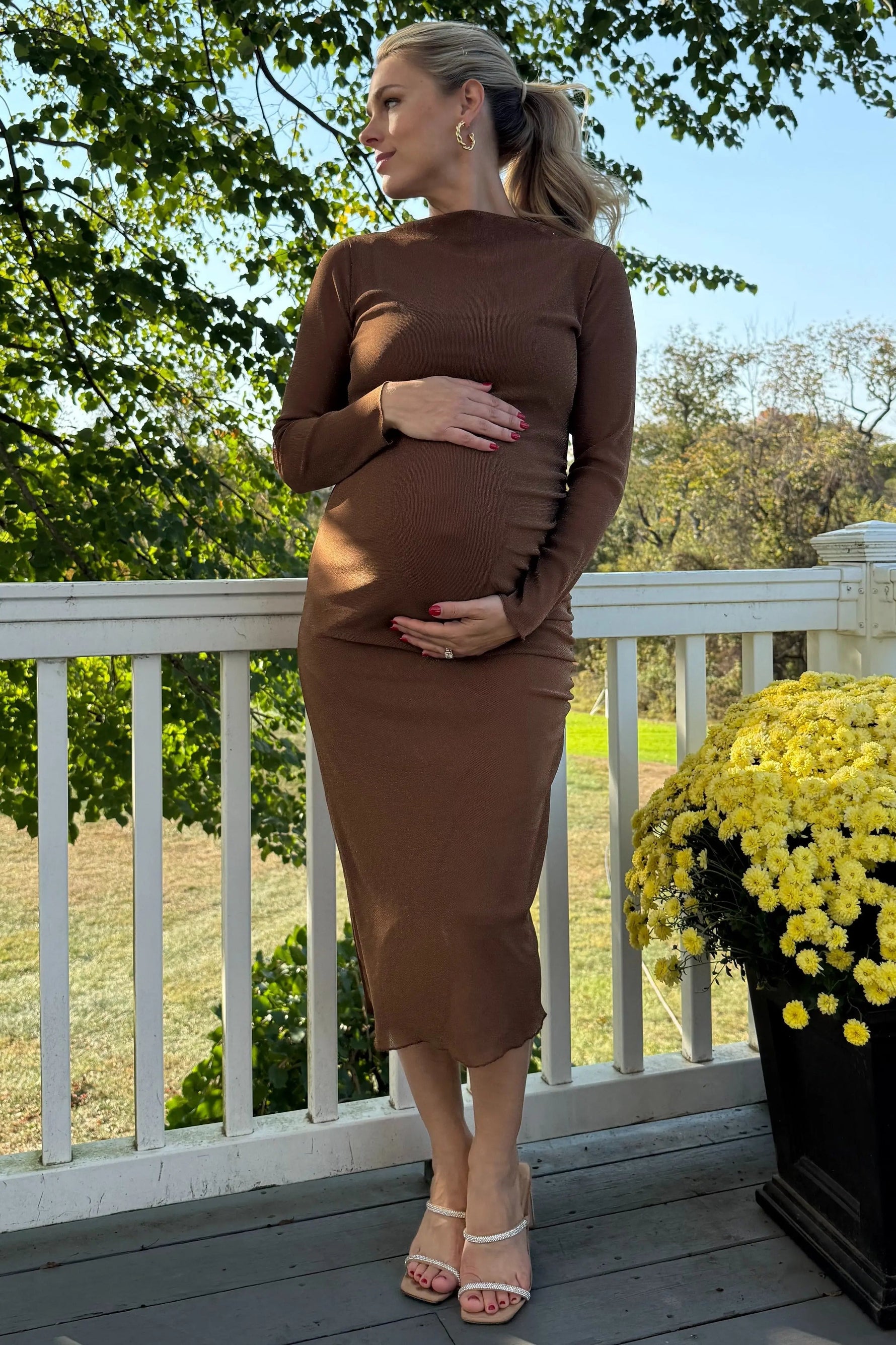 PinkBlush Brown Shimmer Mesh Long Sleeve Ruched Maternity Midi Dress - 