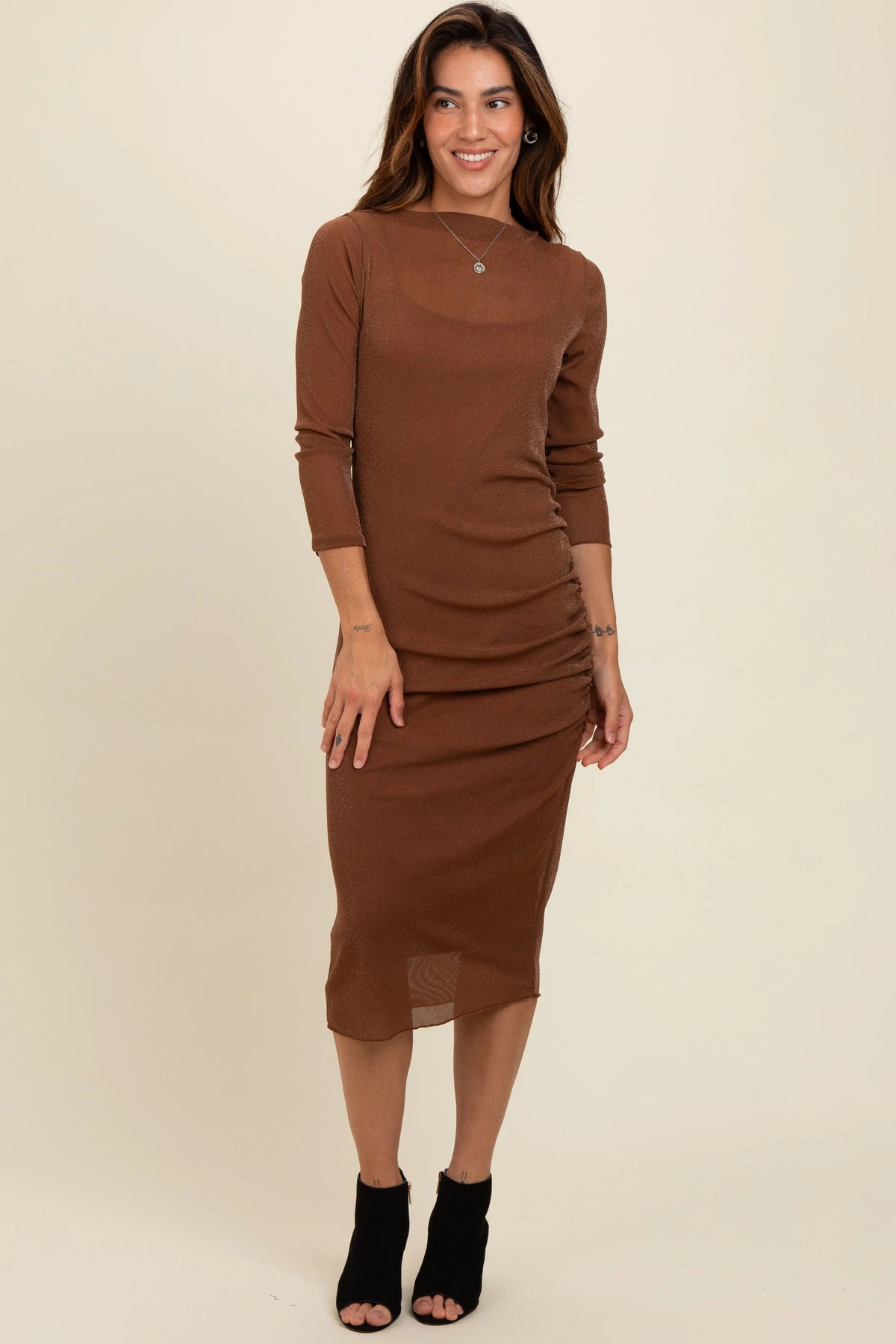 PinkBlush Brown Shimmer Mesh Long Sleeve Ruched Maternity Midi Dress - 