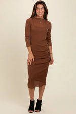 PinkBlush Brown Shimmer Mesh Long Sleeve Ruched Maternity Midi Dress - 