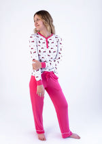Bubble Baby organic red panda print adult long sleeve henley shirt, front view, on a natural background.