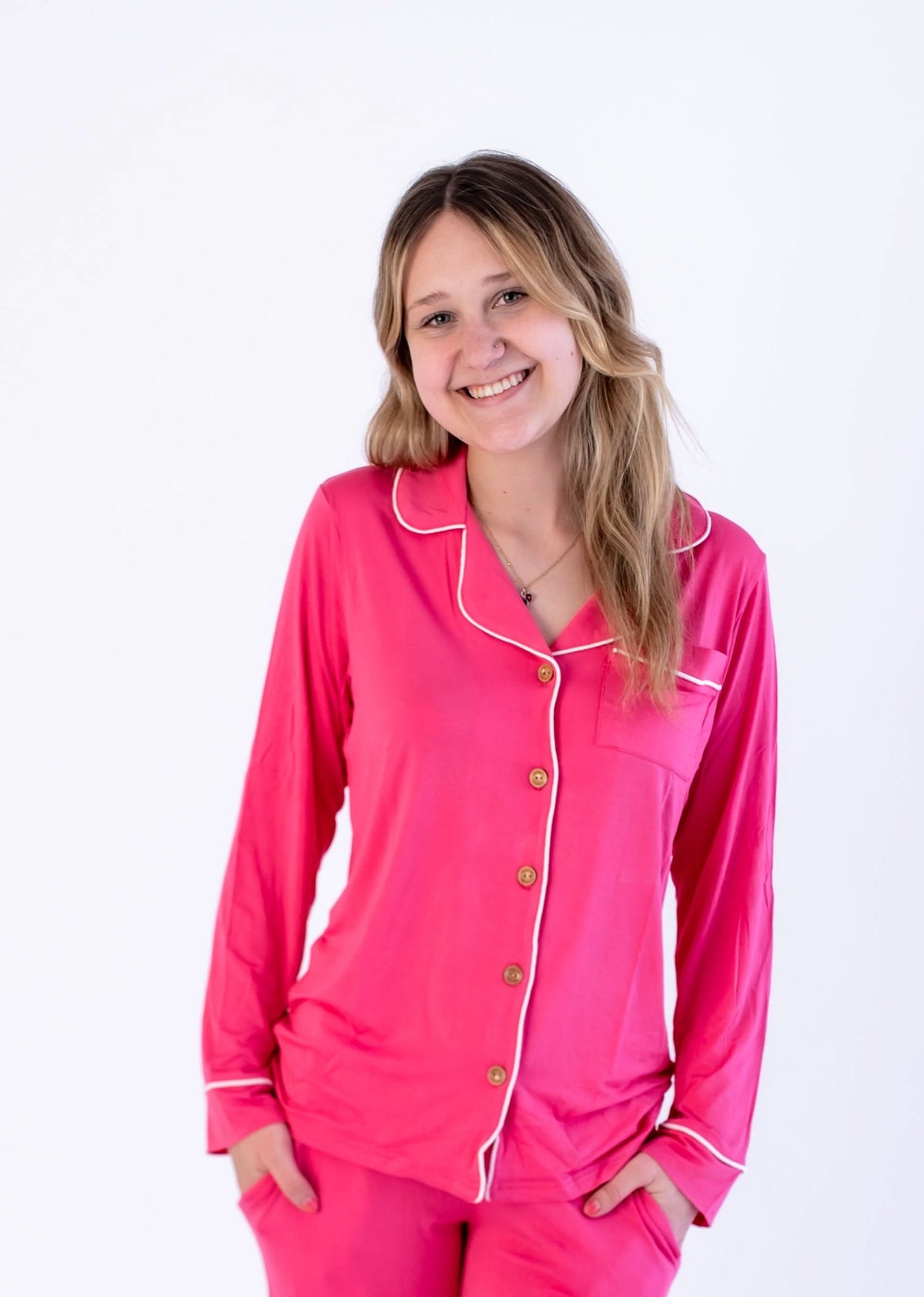 Cosmo adult button-up pajama top with a collar and full-length front buttons