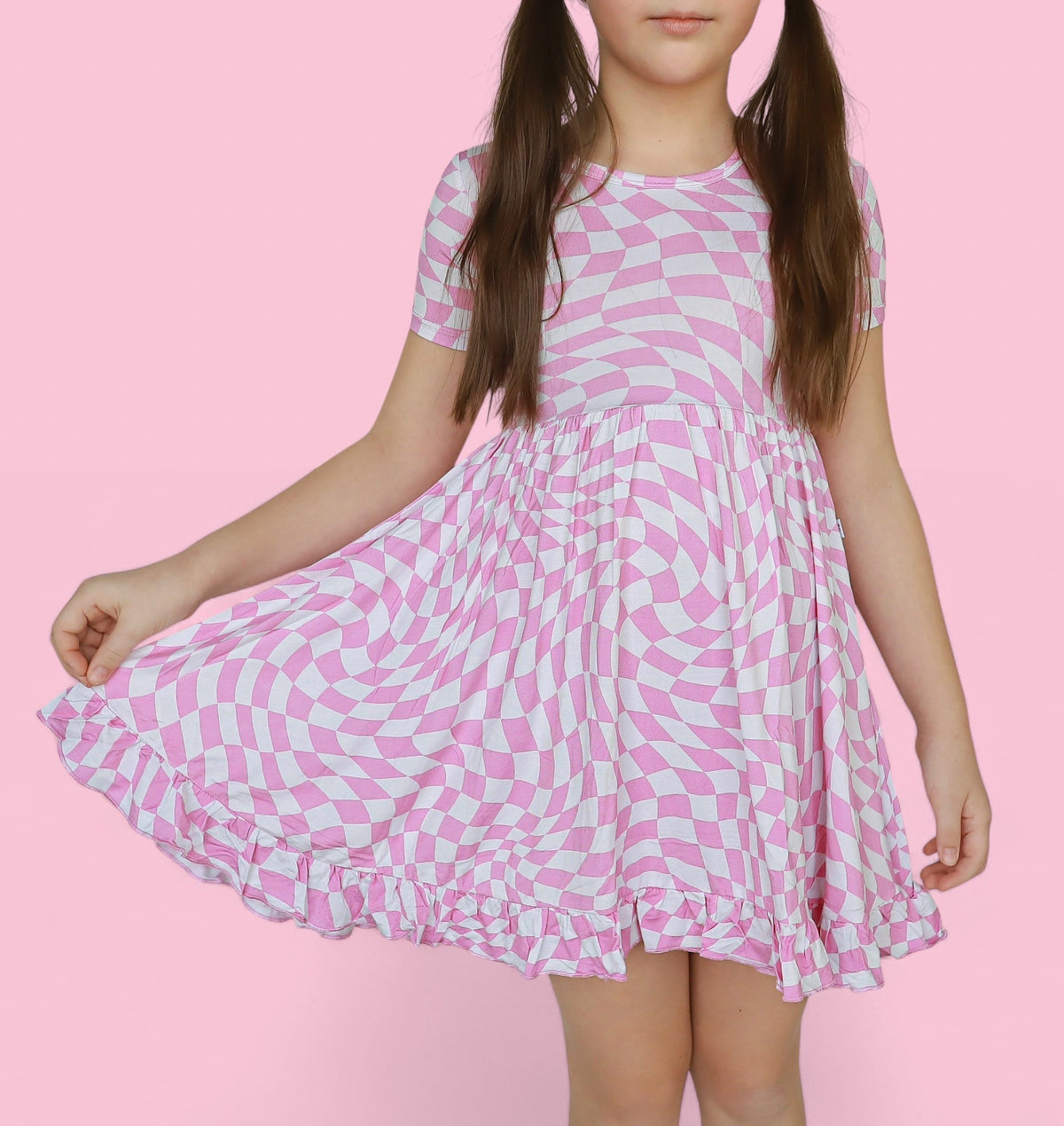 DREAM BIG LITTLE CO BUBBLEGUM WAVY CHECKERS DREAM RUFFLE DRESSEveretts Place