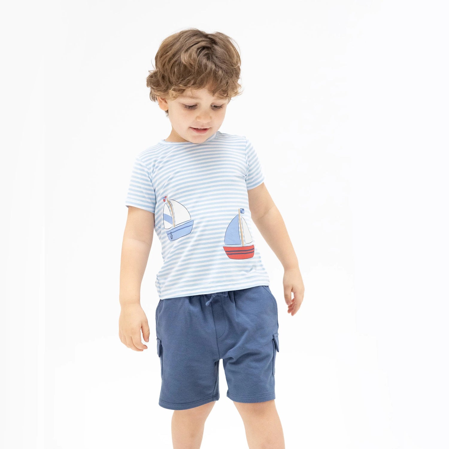 Angel Dear Bubbly Sailboat Stripe - Crew Neck Tee with Cargo Short - 