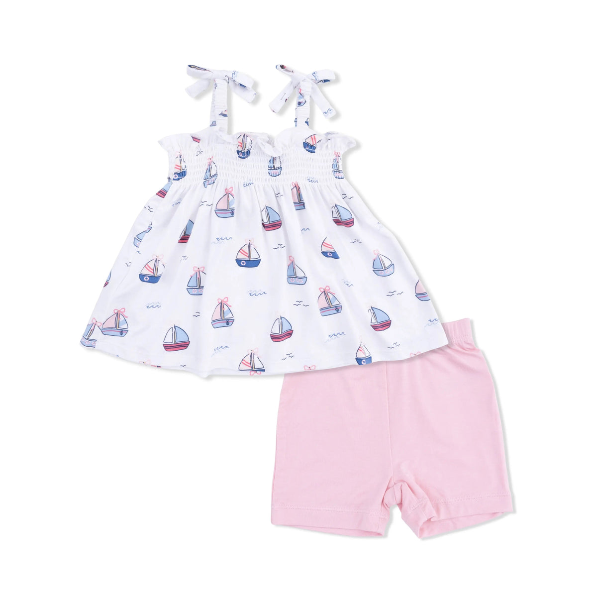 Angel Dear Bubbly Sailboats Pink - Smocked Top & Bike Short - 
