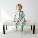 Baby convertible coverall in bug print with two-way zipper and convertible feet
