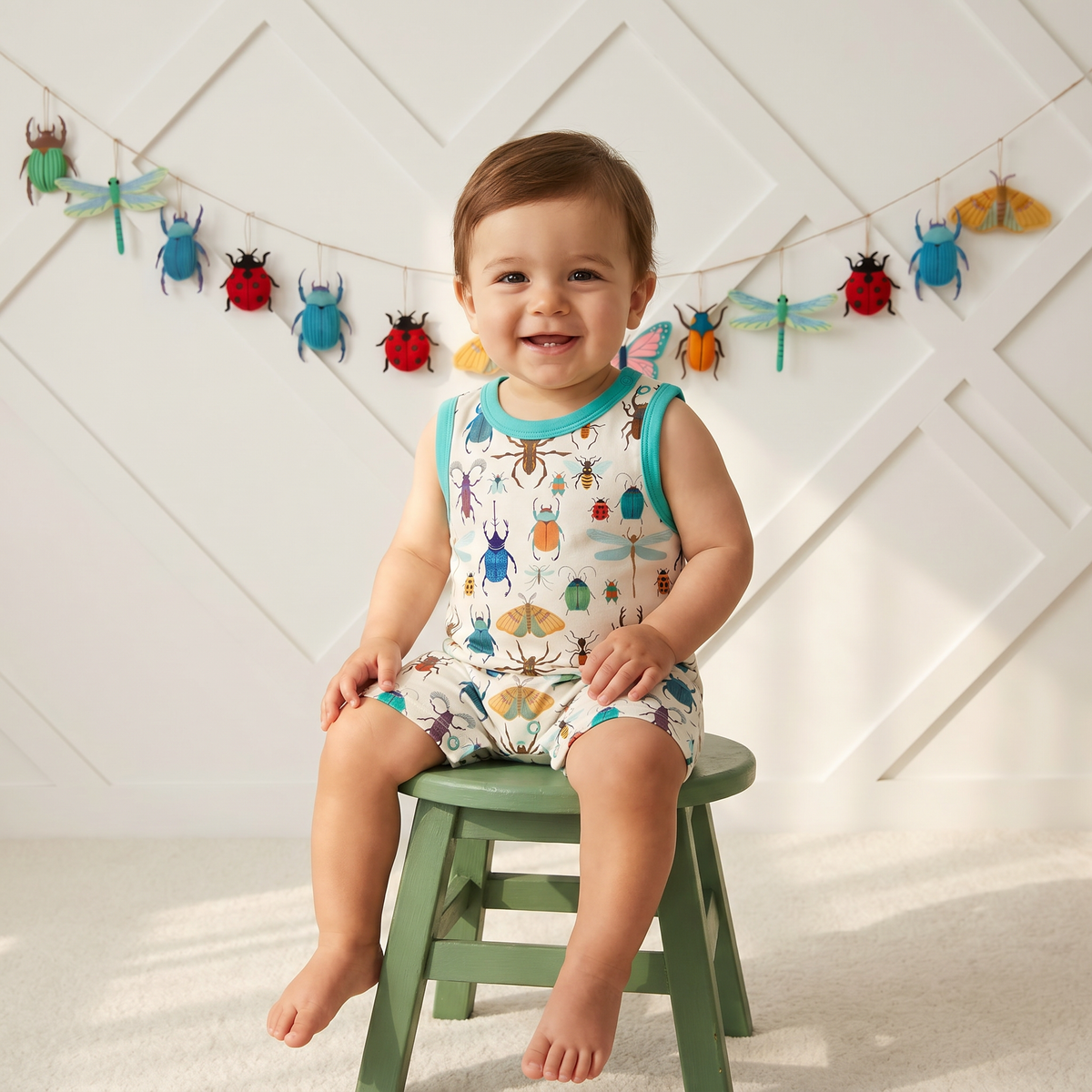 Sleeveless baby shortall romper in bug print with snap closures at the shoulders and legs