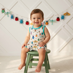 Sleeveless baby shortall romper in bug print with snap closures at the shoulders and legs