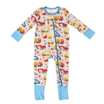 Baby coverall with builders print, long sleeves, convertible feet and a full-length two-way zipper