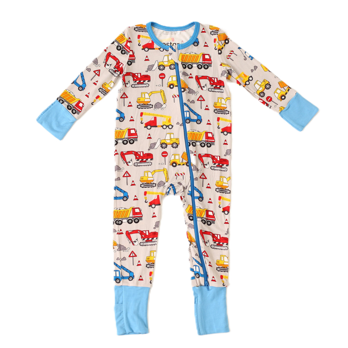 Baby coverall with builders print, long sleeves, convertible feet and a full-length two-way zipper