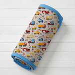 Swaddle blanket with construction builders print, spread flat to show the 45 by 45 inch square