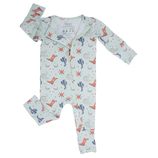 Bulls Boots Lasso Western Convertible Romper for Baby with Two Way Zip and Fold Over Legs Sweet Bamboo