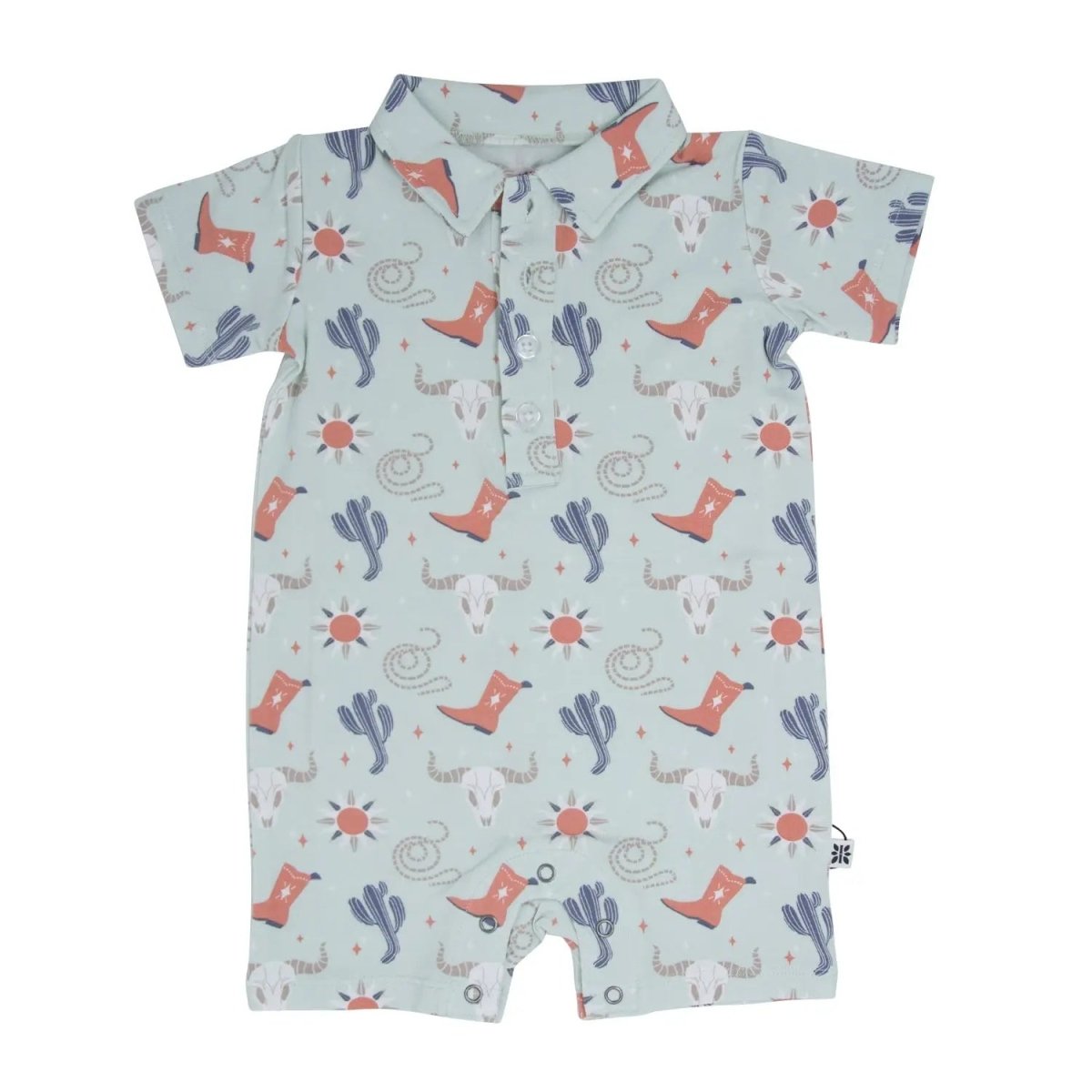 Sweet Bamboo Bulls Boots Lasso Western Polo Romper with Short Sleeves for Boys - 