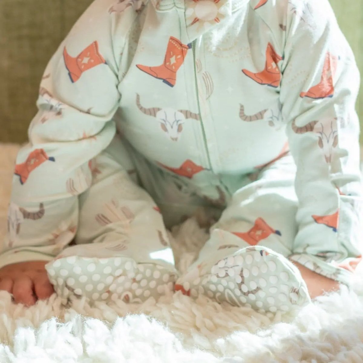 Sweet Bamboo Bulls Boots Lasso Western Zipper Footie with Silicone Grips for Babies - 