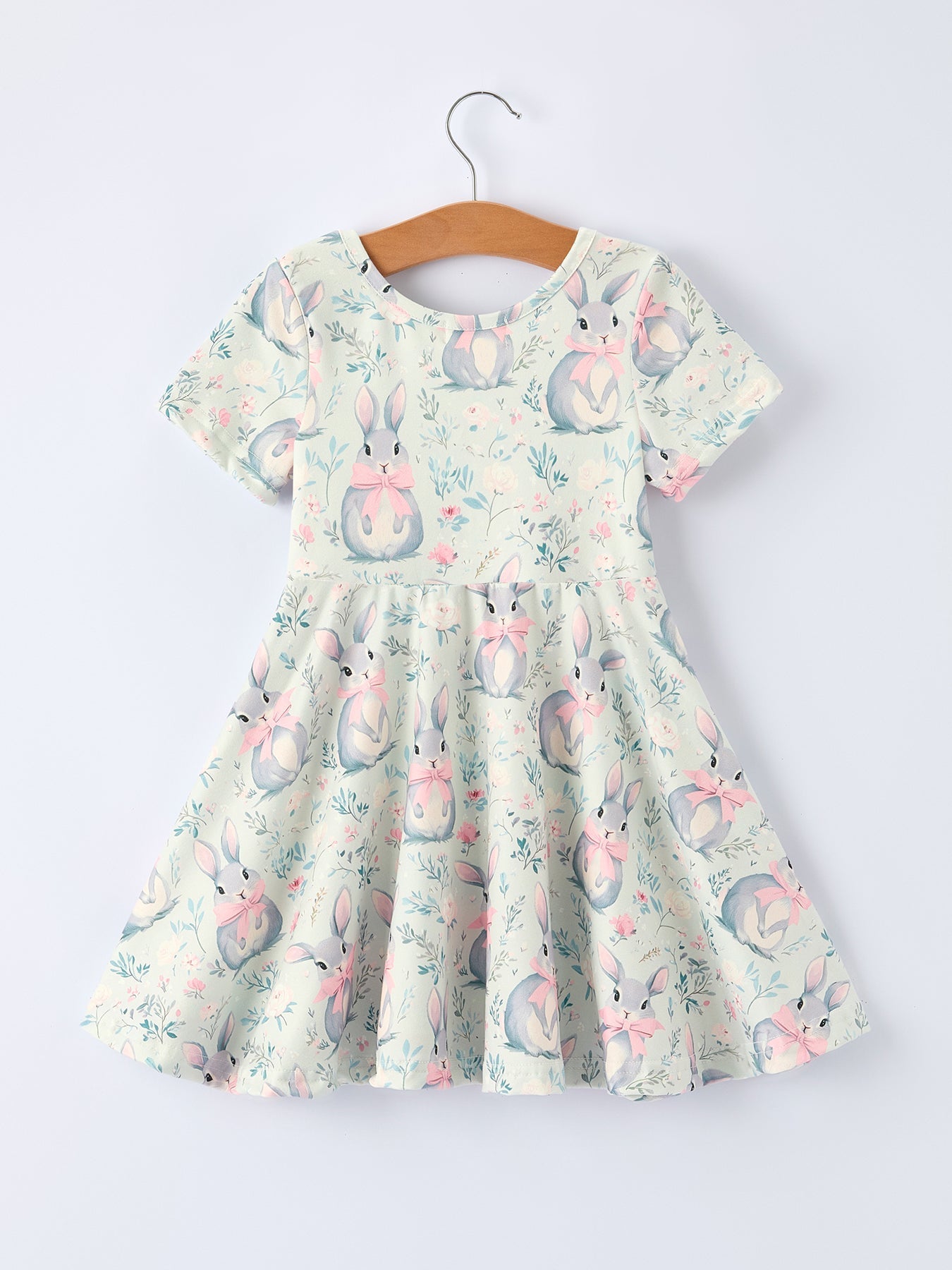 Rylee Faith Designs Bunny Bow Print Twirl Short Sleeve Dress - 