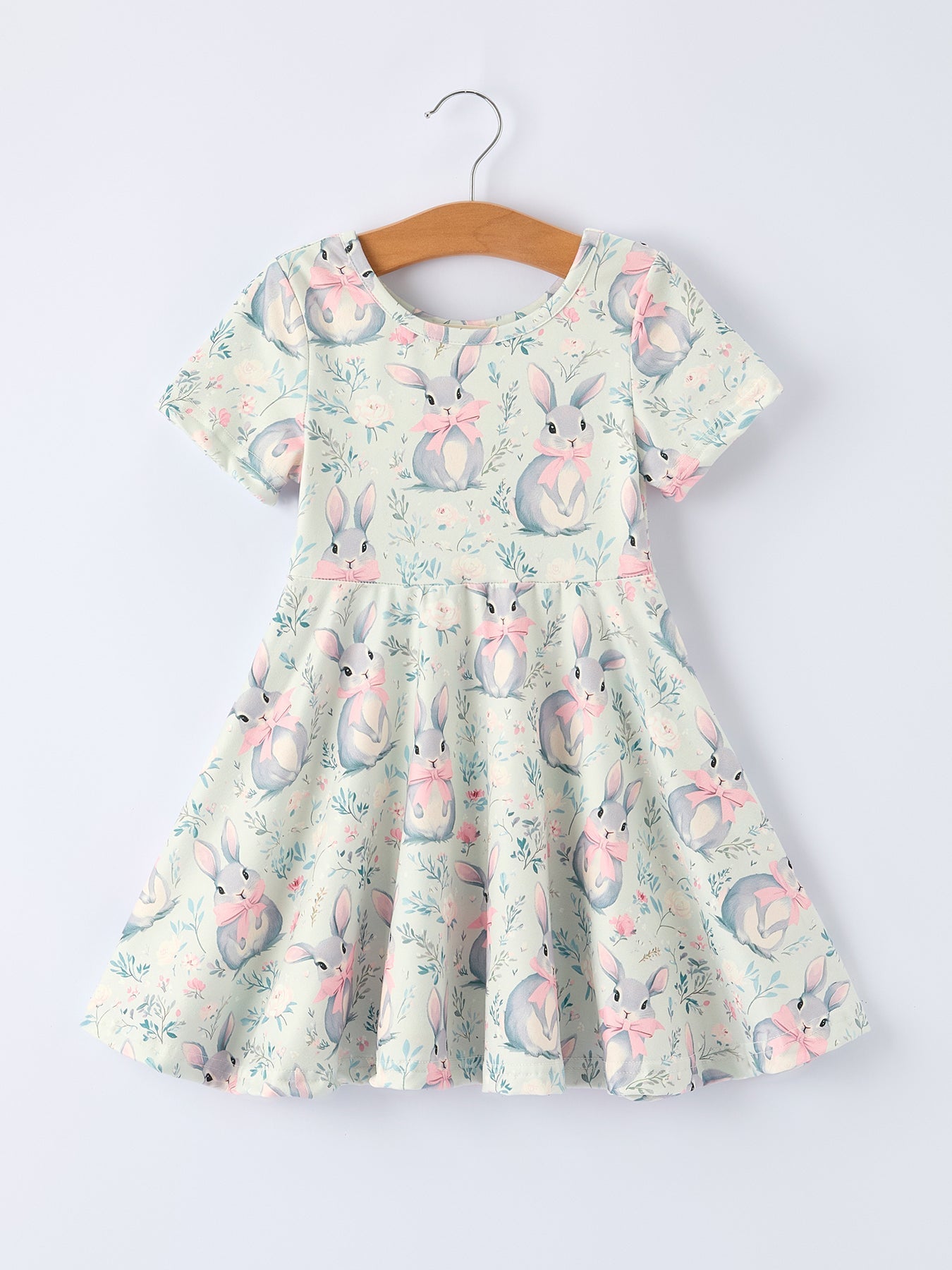 Rylee Faith Designs Bunny Bow Print Twirl Short Sleeve Dress - 