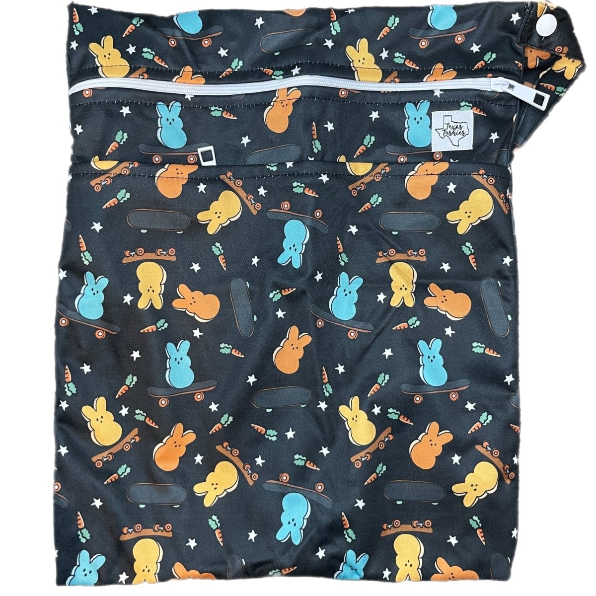 Texas Tushies Bunny Skateboards Double Zipper Wet Bag with Strap for Skateboarders - 