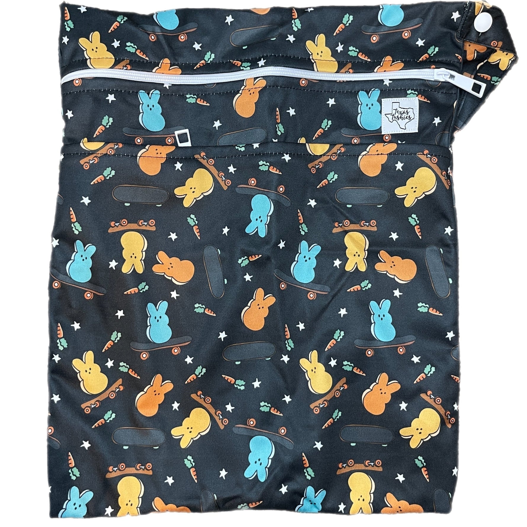 Texas Tushies Bunny Skateboards Double Zipper Wet Bag with Strap for Skateboarders - Baby & Toddler > Diapering > Diaper Wet Bags