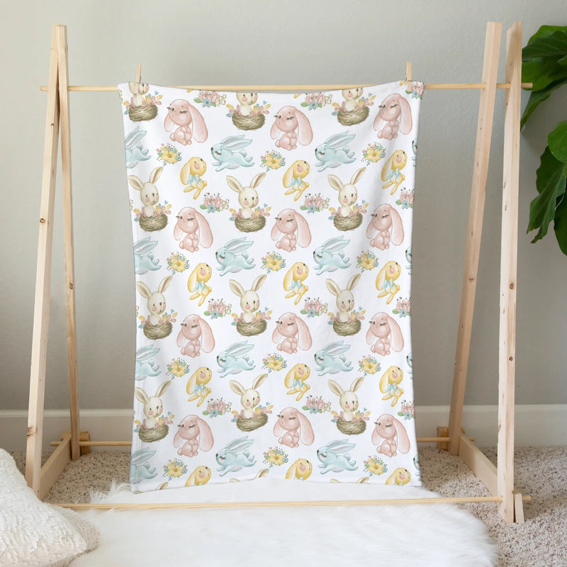 Baby & toddler minky blanket with unique bunny pattern hanging, premium soft fabric, 30x40 inches.