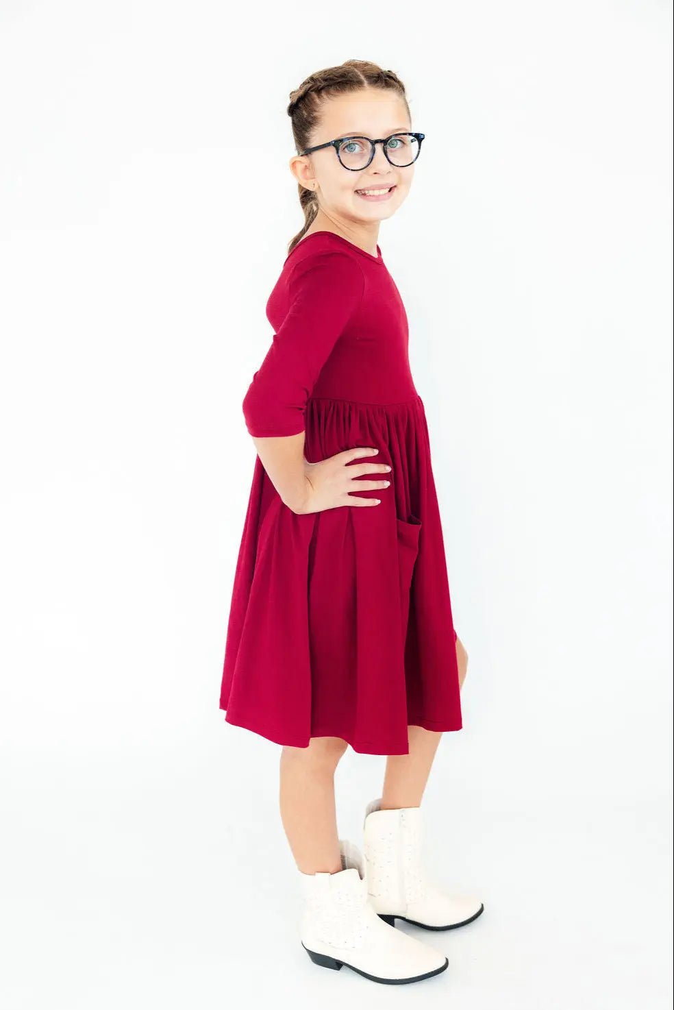 Mila & Rose ® Burgundy 3/4 Sleeve Pocket Twirl Dress - 