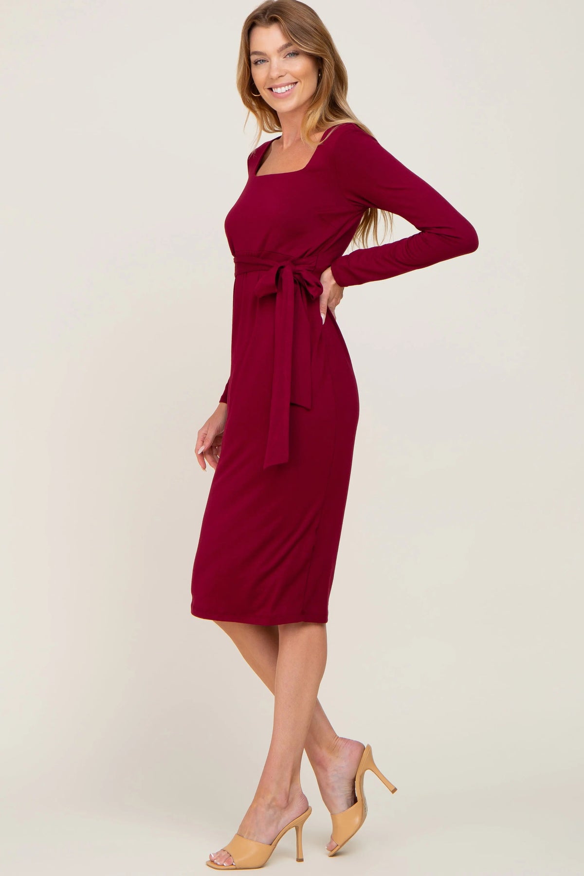 PinkBlush Burgundy Basic Square Neck Midi Dress - 