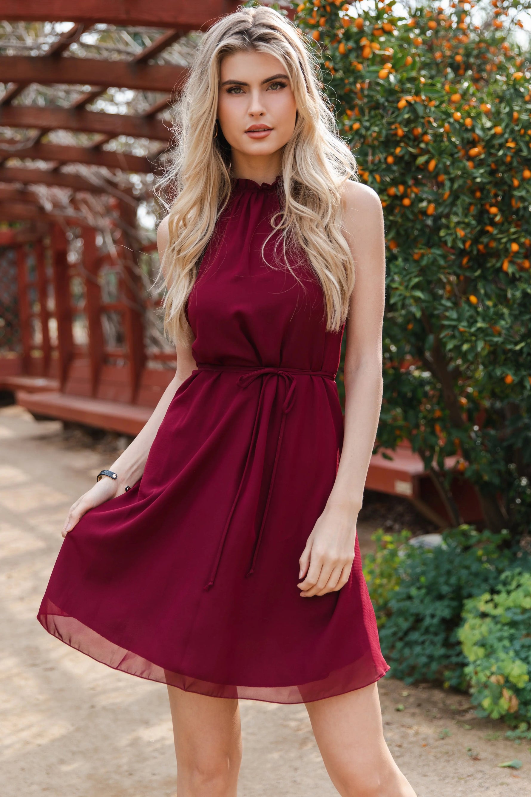 PinkBlush Burgundy Chiffon High Neck Dress - 