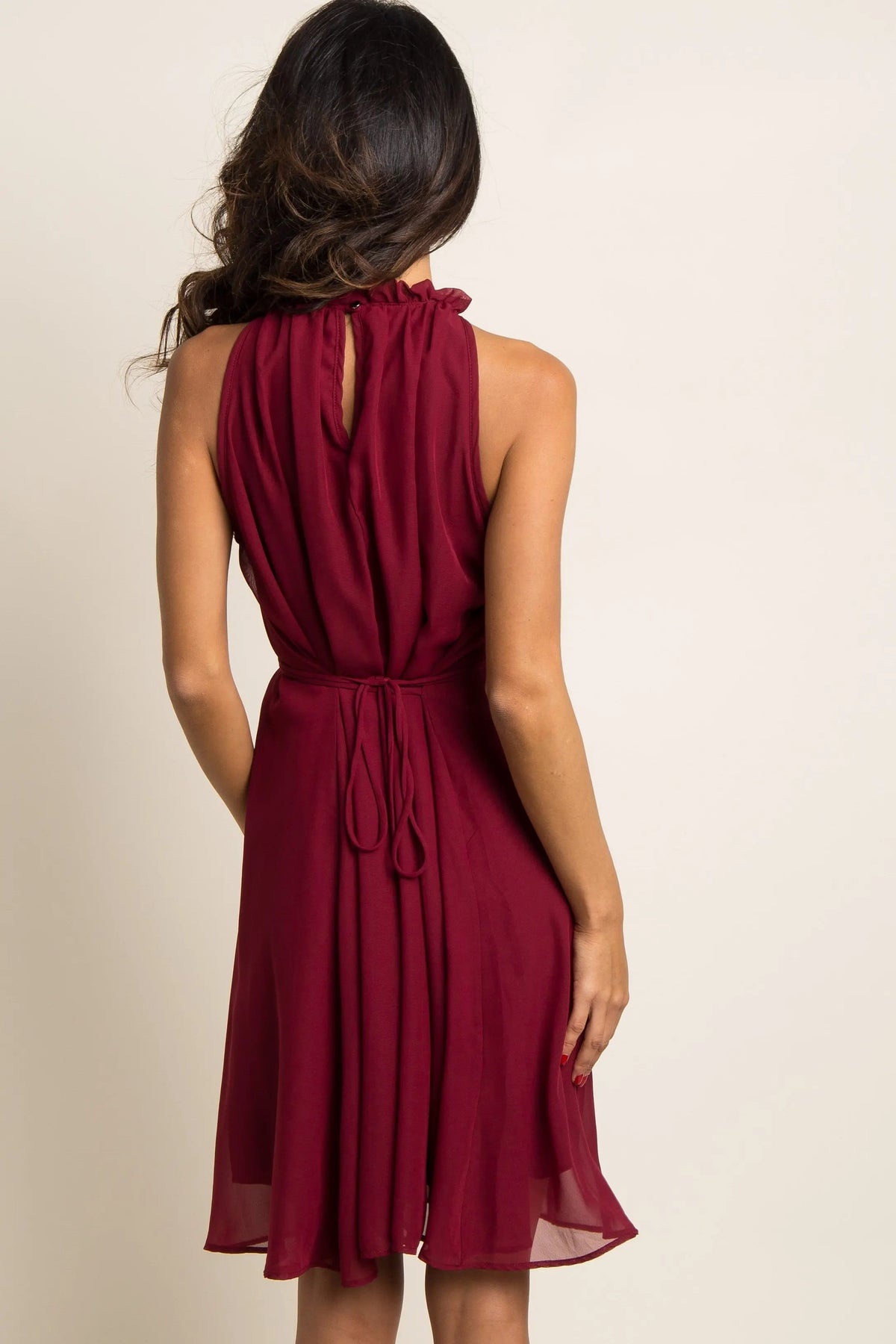 PinkBlush Burgundy Chiffon High Neck Dress - 