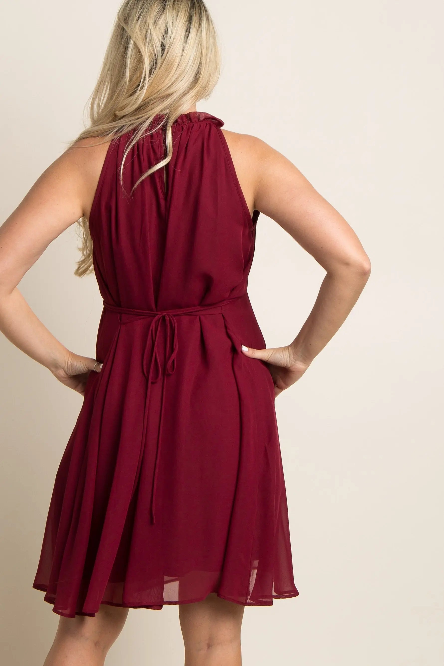 PinkBlush Burgundy Chiffon High Neck Maternity Dress - 