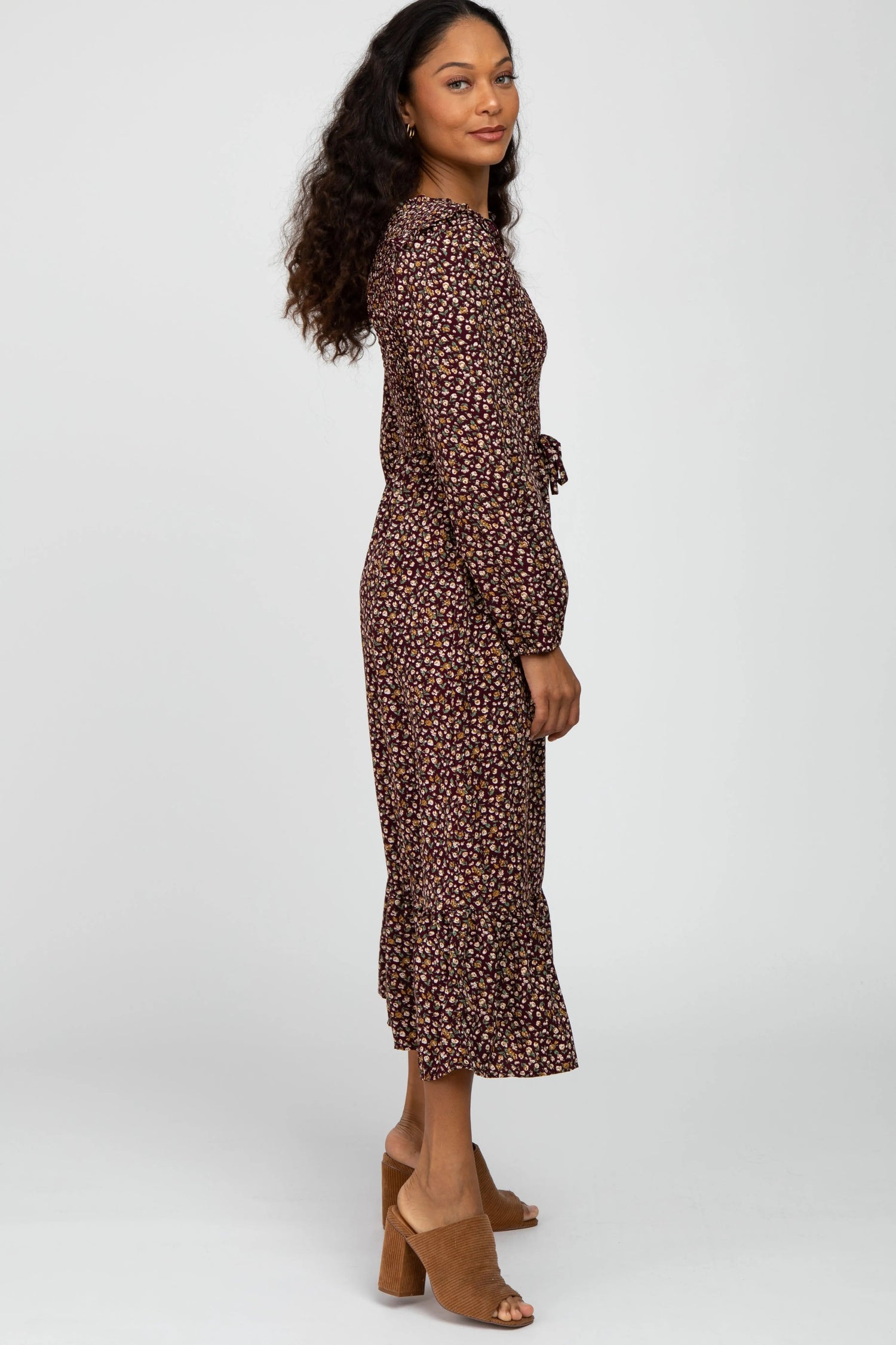PinkBlush Burgundy Floral Long Sleeve Smocked Midi Dress - 