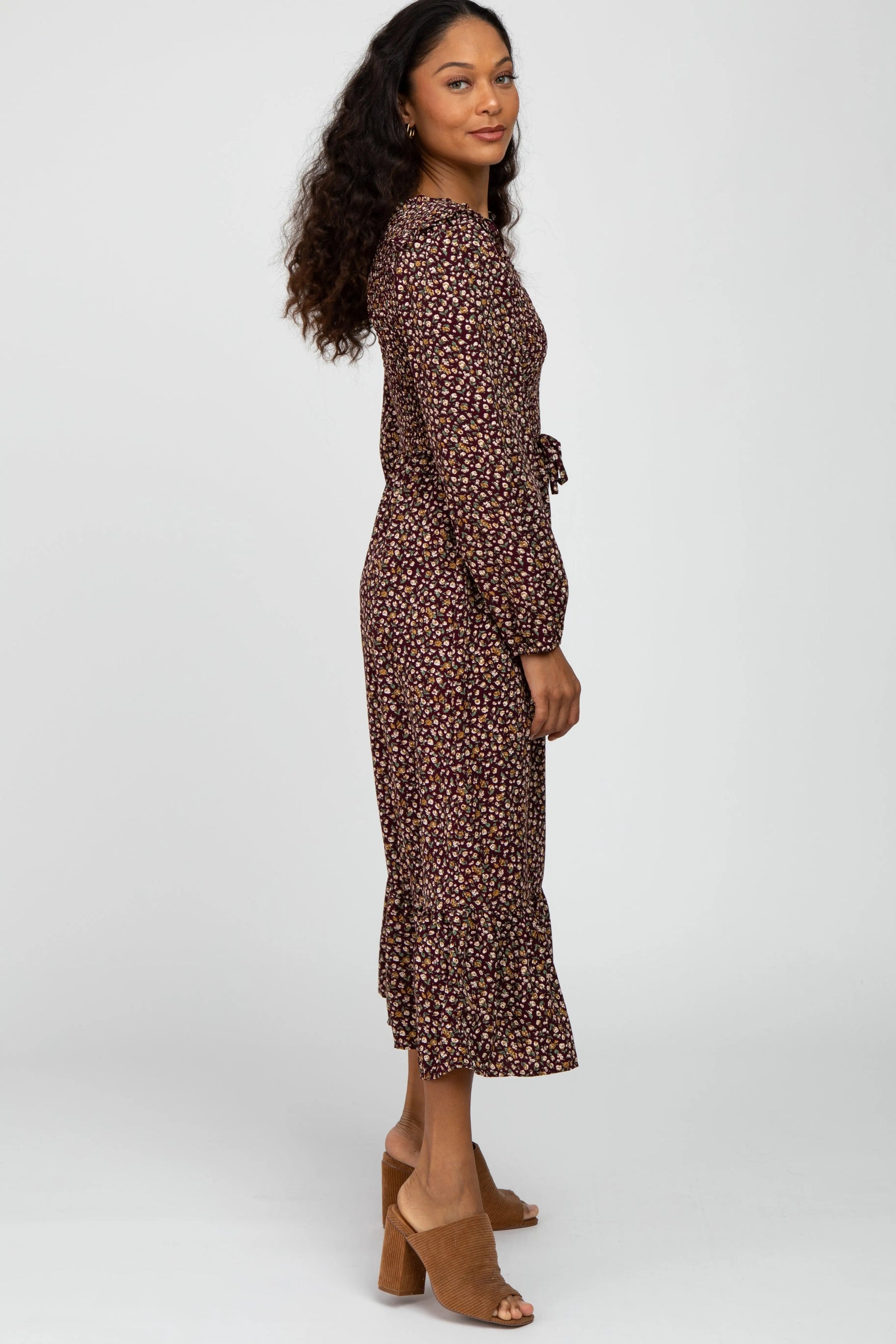 PinkBlush Burgundy Floral Long Sleeve Smocked Midi Dress - 