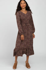 PinkBlush Burgundy Floral Long Sleeve Smocked Midi Dress - 