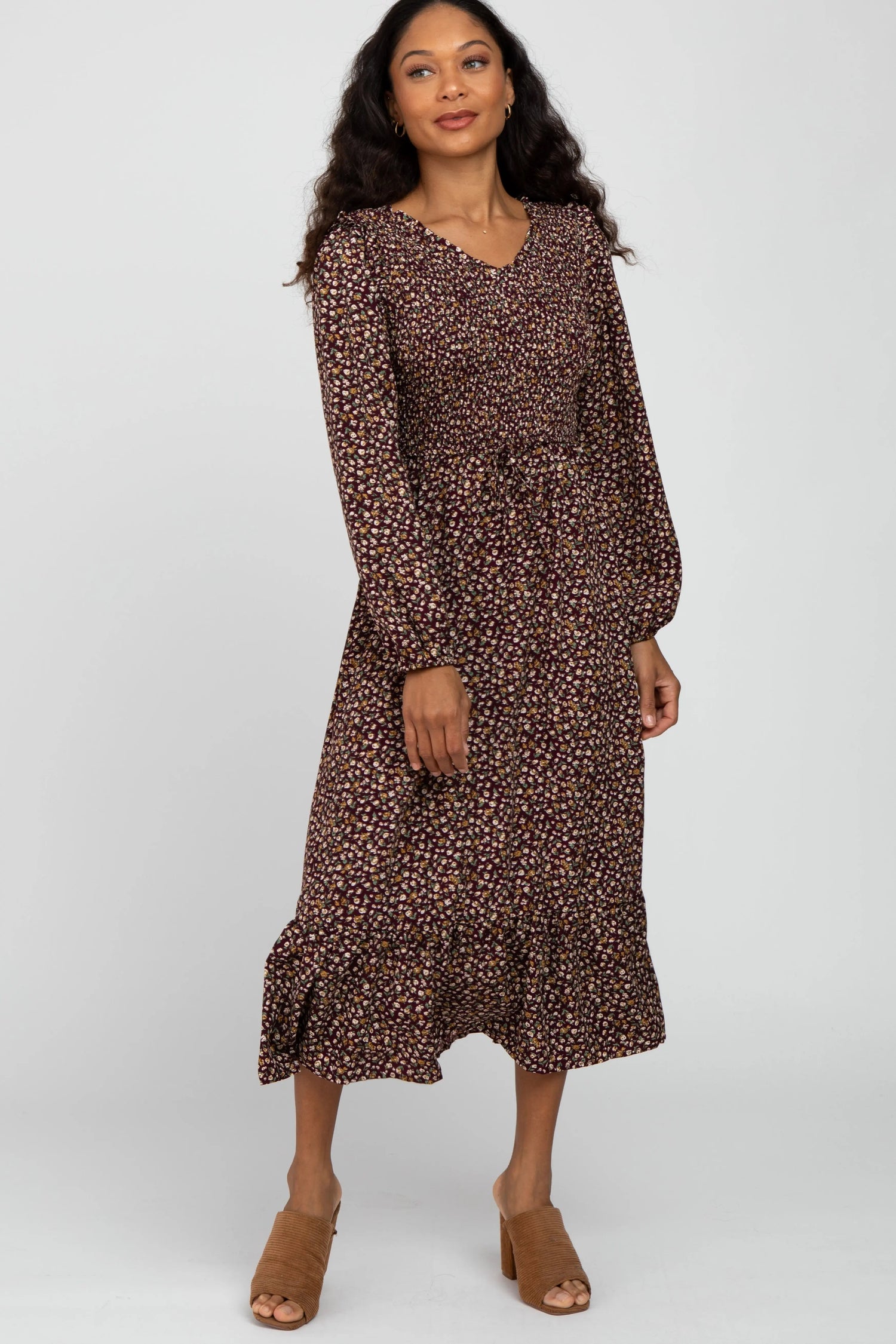 PinkBlush Burgundy Floral Long Sleeve Smocked Midi Dress - 
