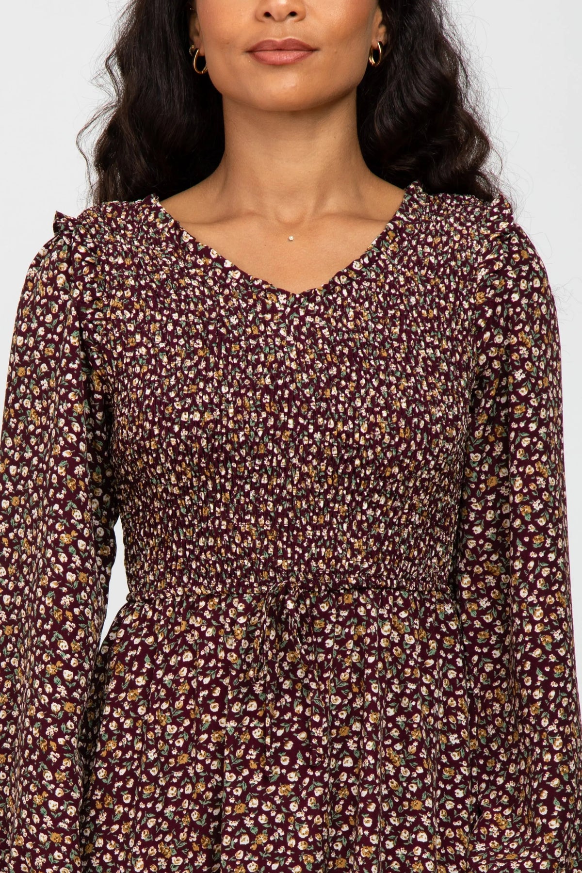 PinkBlush Burgundy Floral Long Sleeve Smocked Midi Dress - 