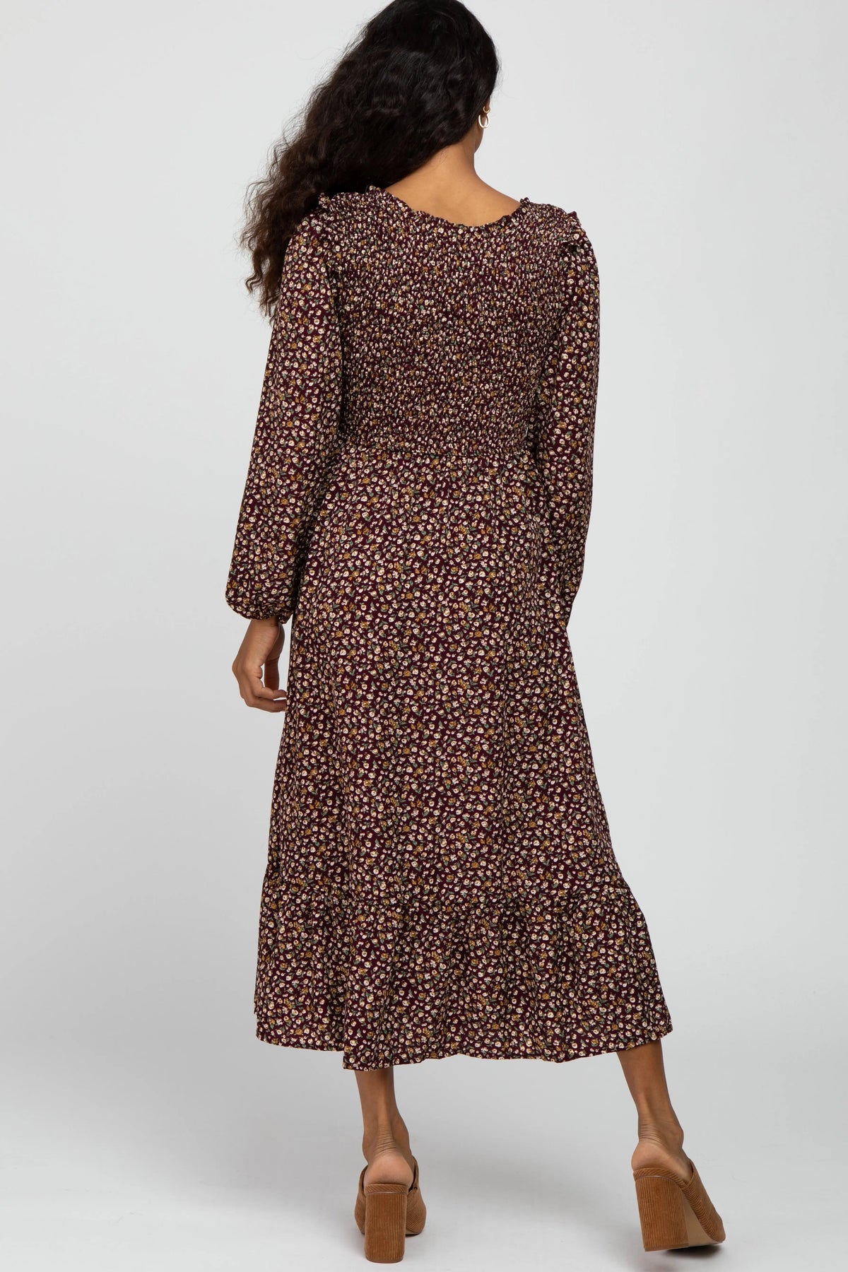 PinkBlush Burgundy Floral Long Sleeve Smocked Midi Dress - 
