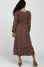 PinkBlush Burgundy Floral Long Sleeve Smocked Midi Dress - 