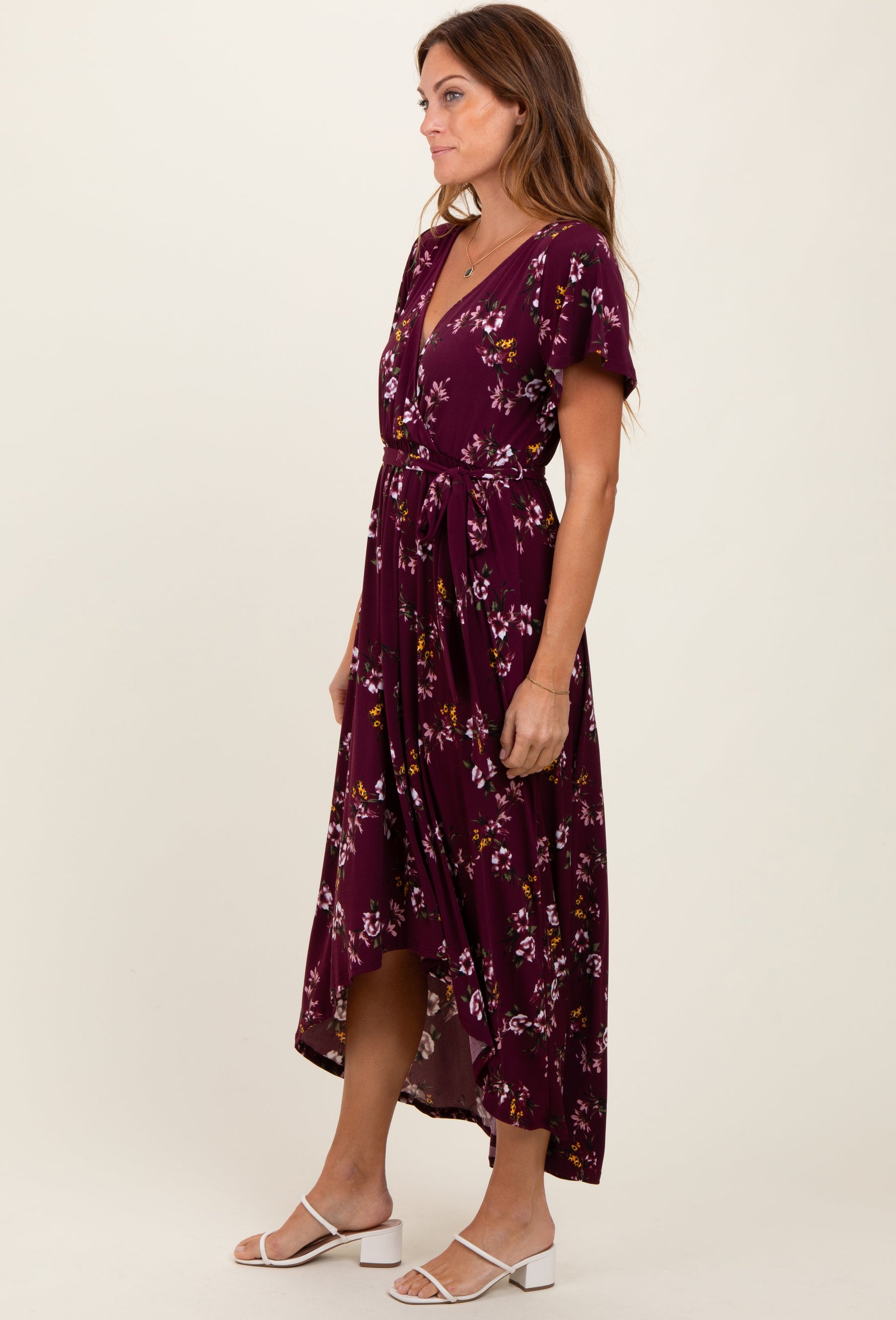 PinkBlush Burgundy Floral Short Sleeve Wrap Hi - Low Maxi Dress