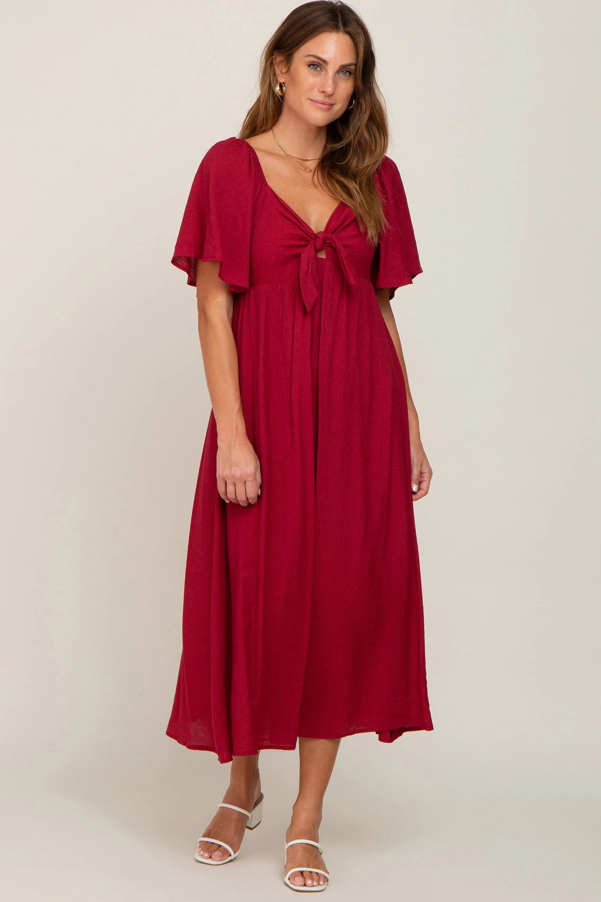 PinkBlush Burgundy Front Tie Ruffle Sleeve Midi Dress - 