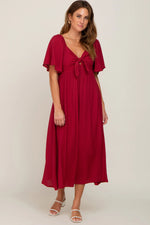 PinkBlush Burgundy Front Tie Ruffle Sleeve Midi Dress - 