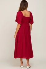 PinkBlush Burgundy Front Tie Ruffle Sleeve Midi Dress - 