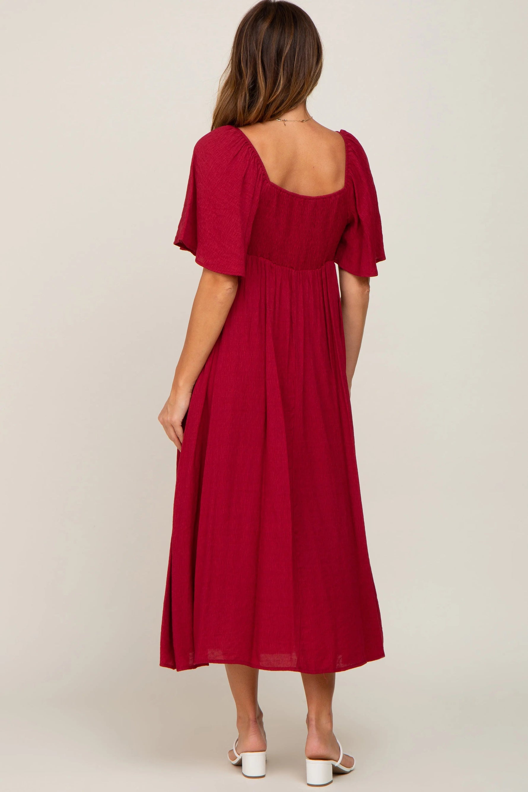 PinkBlush Burgundy Front Tie Ruffle Sleeve Midi Dress - 