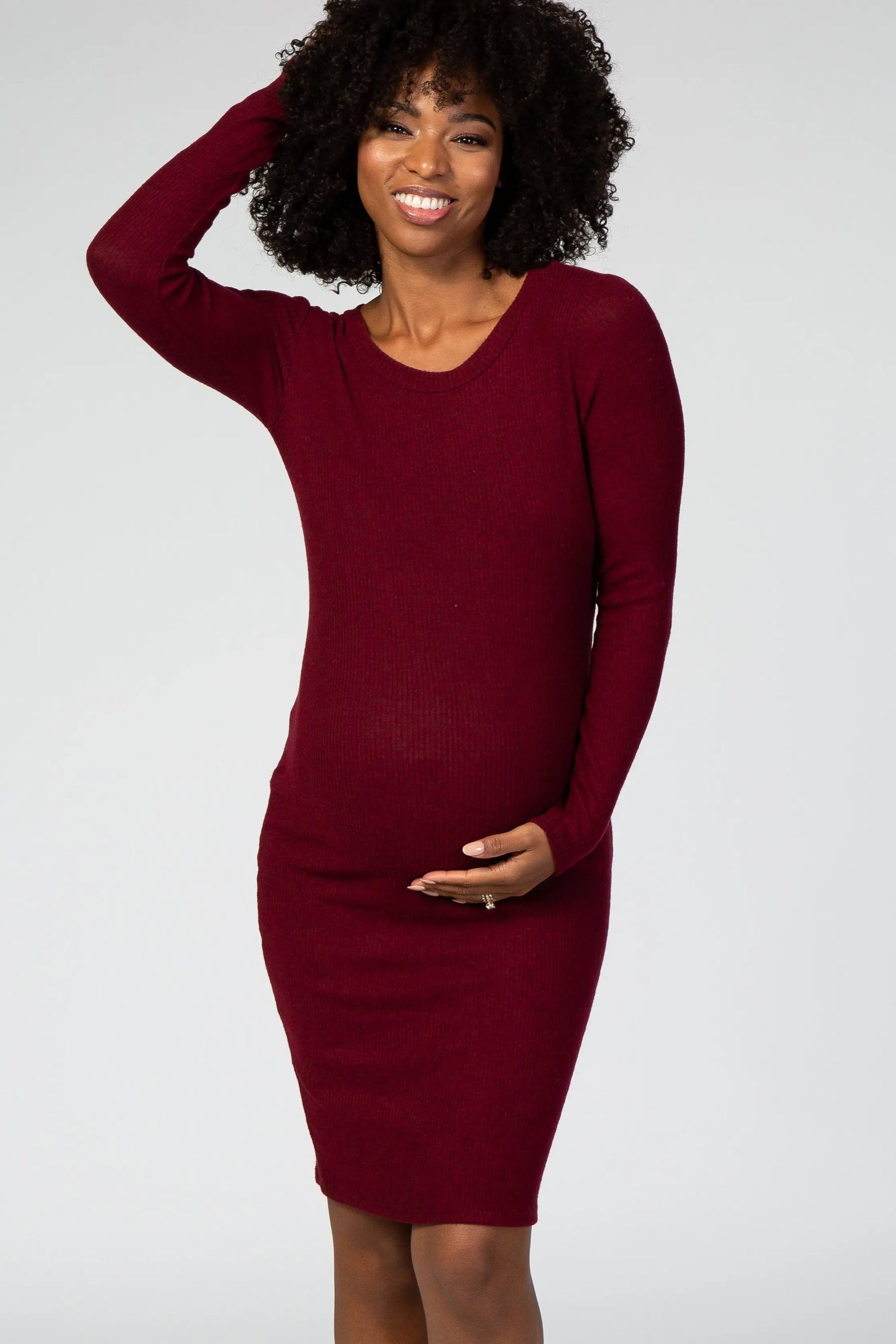 PinkBlush Burgundy Knit Long Sleeve Maternity Sweater Dress - 