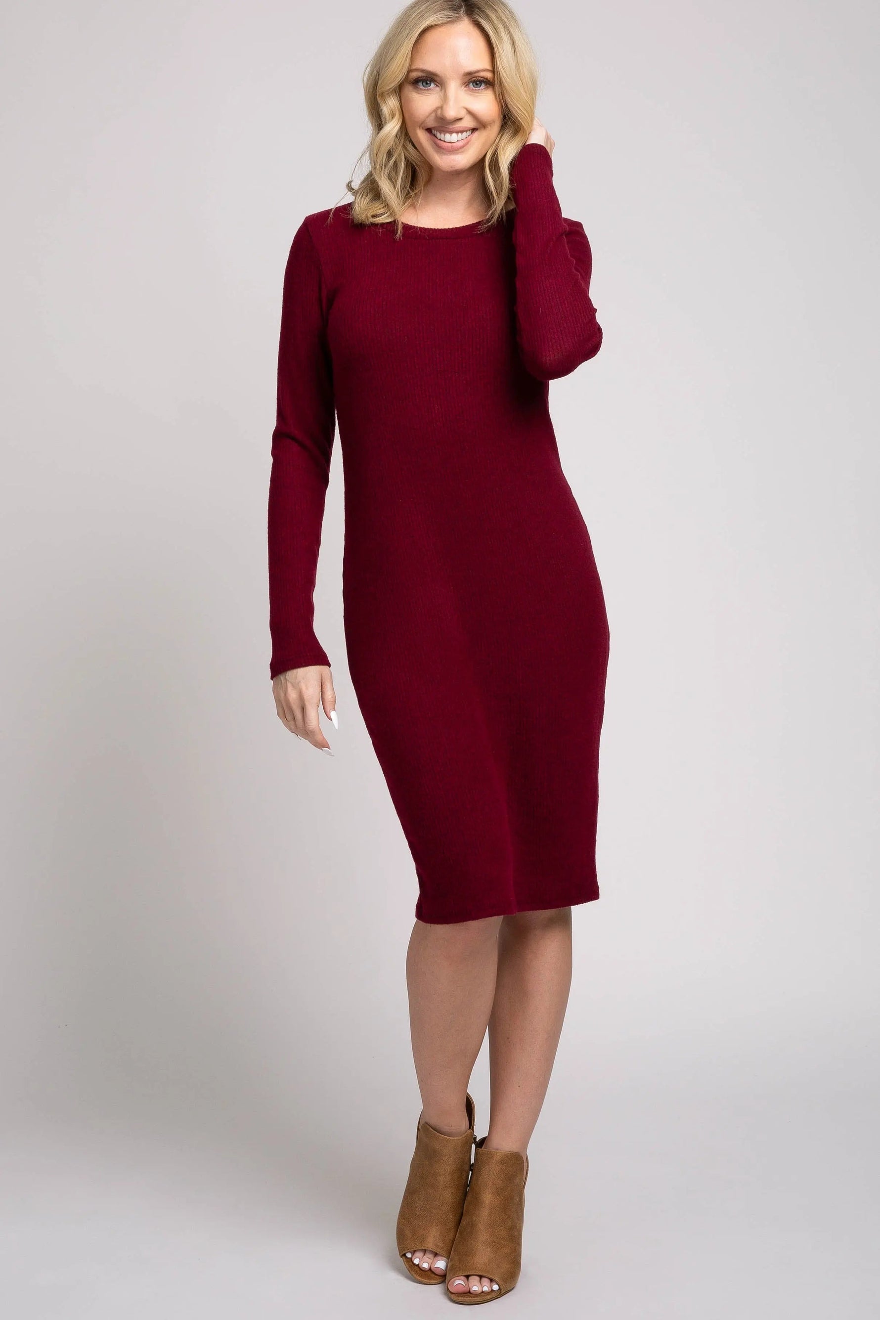 Burgundy Knit Long Sleeve Sweater Dress - Sleeve, Shoulder, Neck, Fashion, One-piece garment | Everetts Place