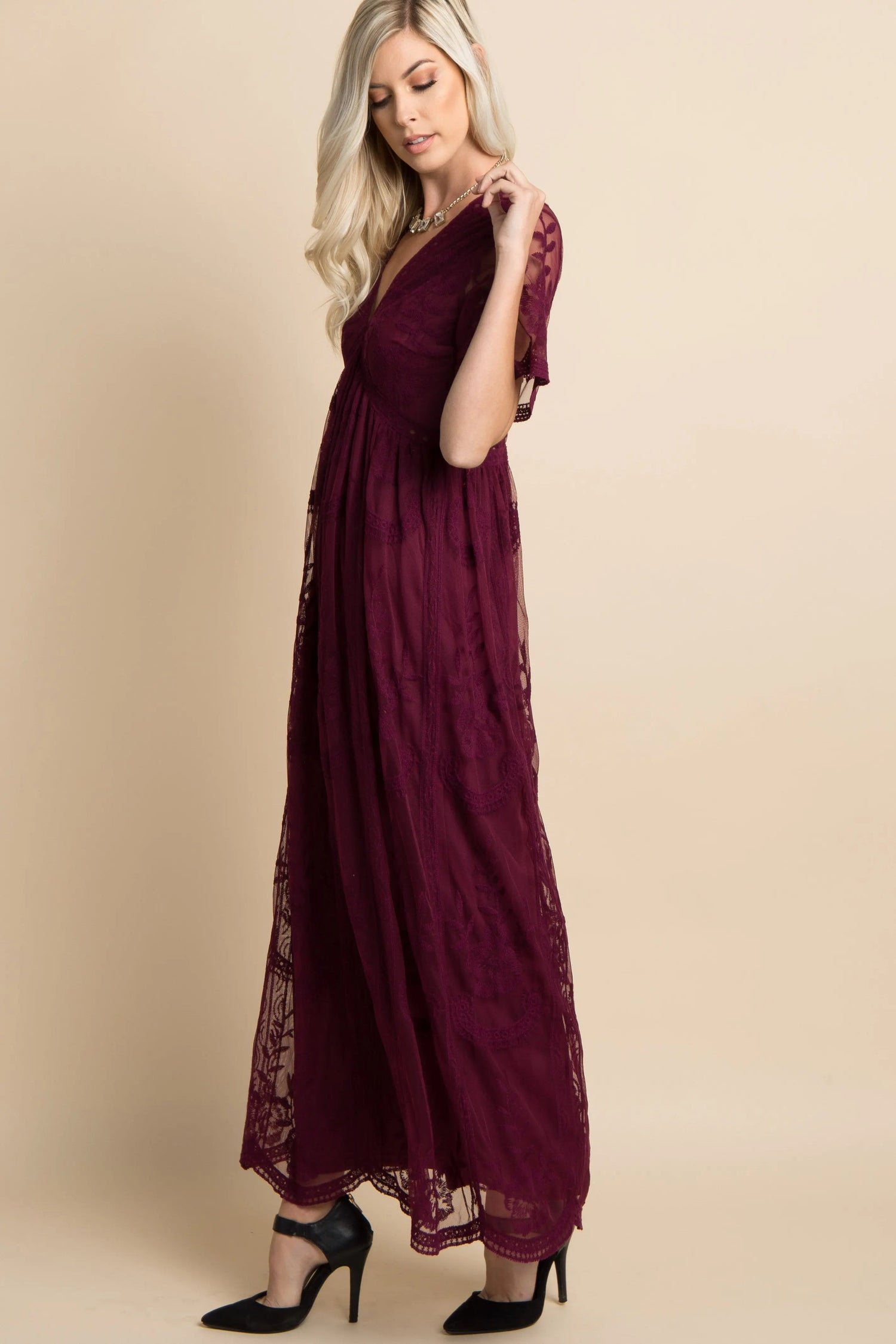 PinkBlush Burgundy Lace Mesh Overlay Maxi Dress - 