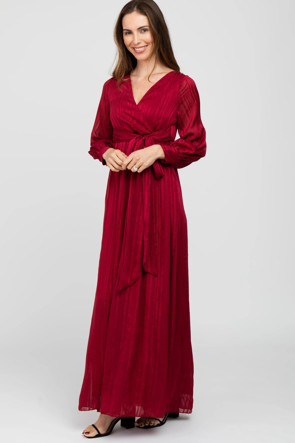 PinkBlush Burgundy Metallic Striped Chiffon Maxi Dress - 