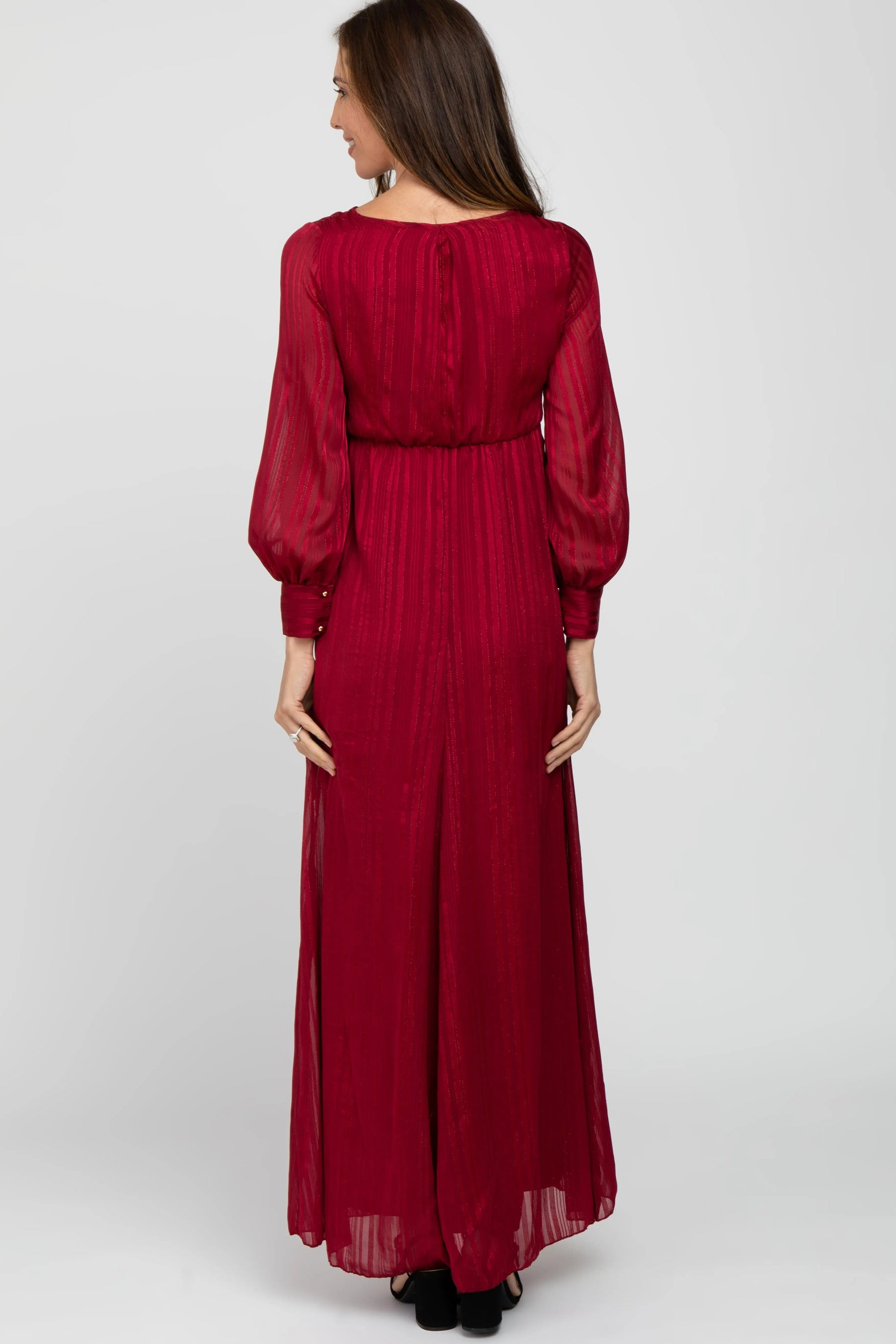 PinkBlush Burgundy Metallic Striped Chiffon Maxi Dress - 