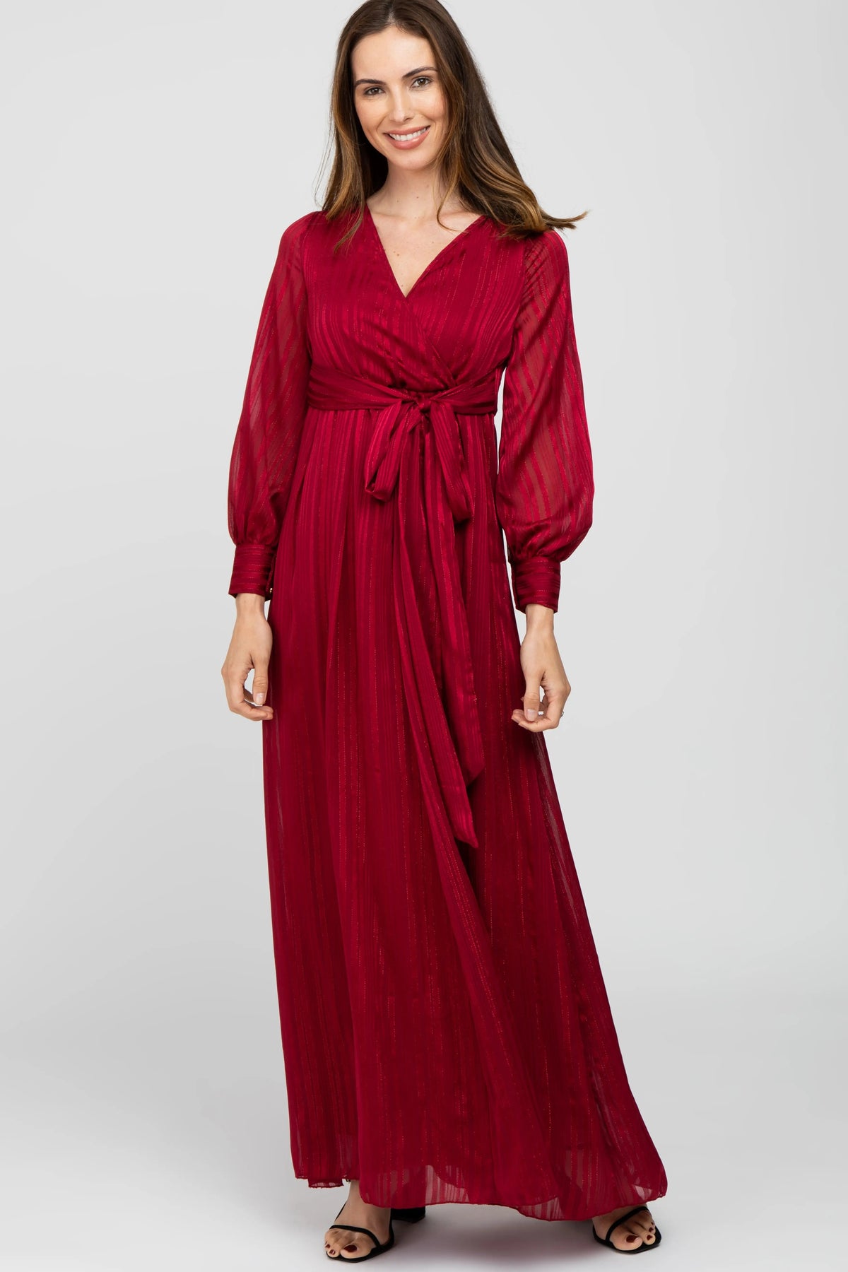 PinkBlush Burgundy Metallic Striped Chiffon Maxi Dress - 
