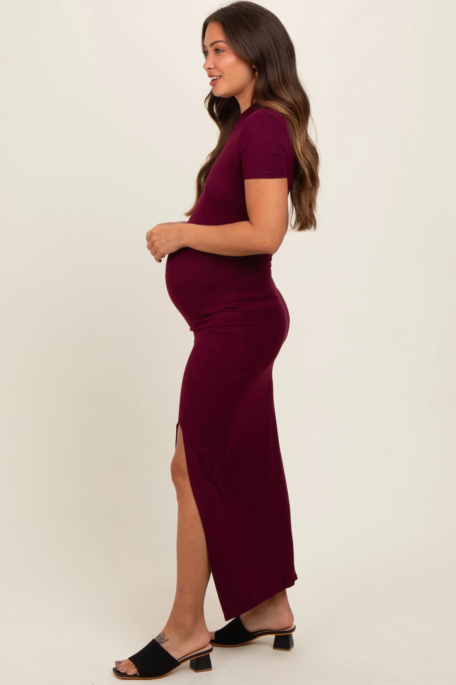 PinkBlush Burgundy Mock Neck Front Slit Short Sleeve Maternity Maxi Dress - 