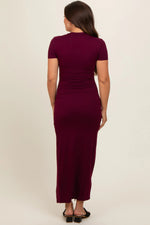 PinkBlush Burgundy Mock Neck Front Slit Short Sleeve Maternity Maxi Dress - 